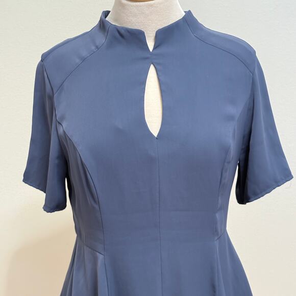 August 1 Eight Mandarin Collar Cutout Peplum Lined Blouse Sz M Blue Office Femme - Picture 3 of 8